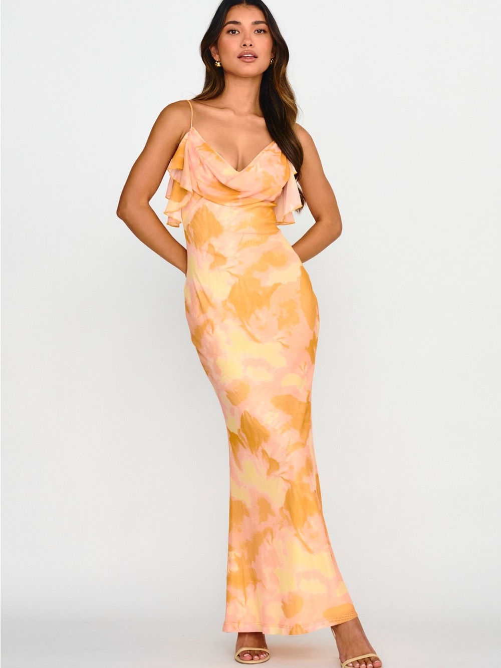 Selfie Leslie Peach and Pink Cowl Neck Maxi Dress